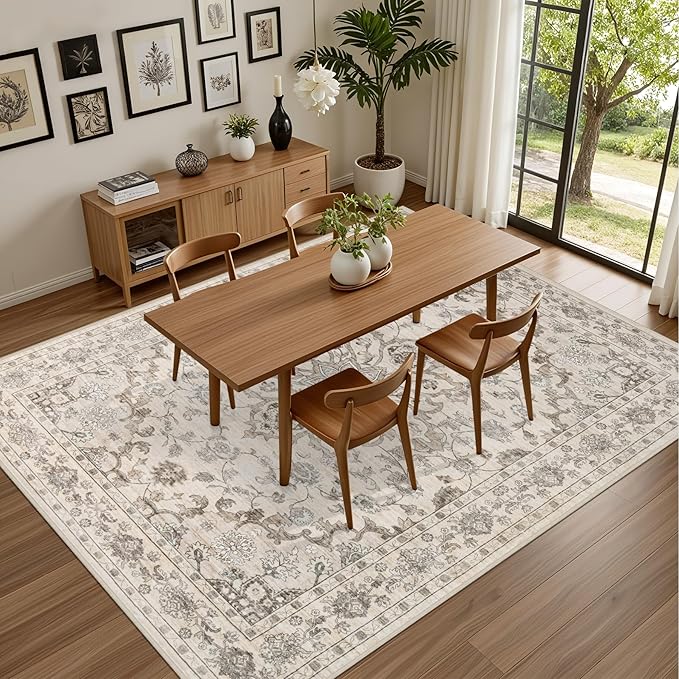 5x7 Area Rugs Living Room Rug: Washable Vintage Distressed Floral Rug No Slip Stain Resistant Soft Carpet Indoor Large Carpets for Bedroom Dining Room Farmhouse Nursery Hallway Home Office Brown Beige