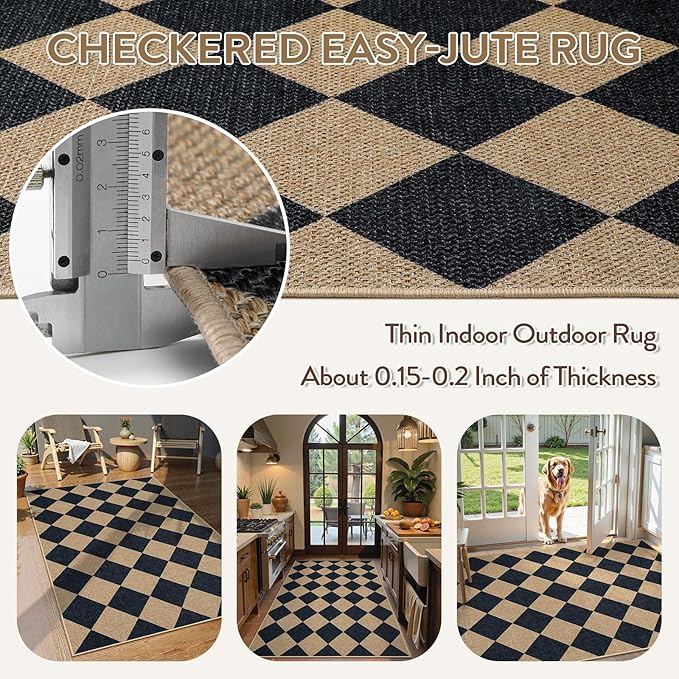 Lahome Colette Checkered Easy Jute 3x5 Outdoor Patio Rug, Washable Rugs for Entryway Diamond Indoor Outdoor Living Room Carpet, Farmhouse Neutral Non Slip Black Door Carpet for Backyard Bedroom
