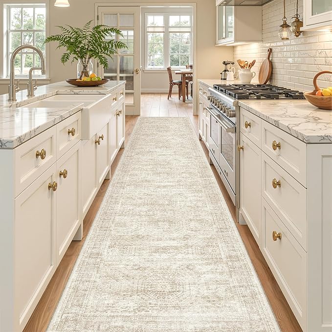 Long Bathroom Rugs Runner - Washable Runner Rugs for Hallway 2x10, Ultra-Thin Soft Kitchen Carpet Runner, Anti Slip Backing Runner Rugs for Entrance, Bedroom, Living Room(2'x10', Beige/Ivory)