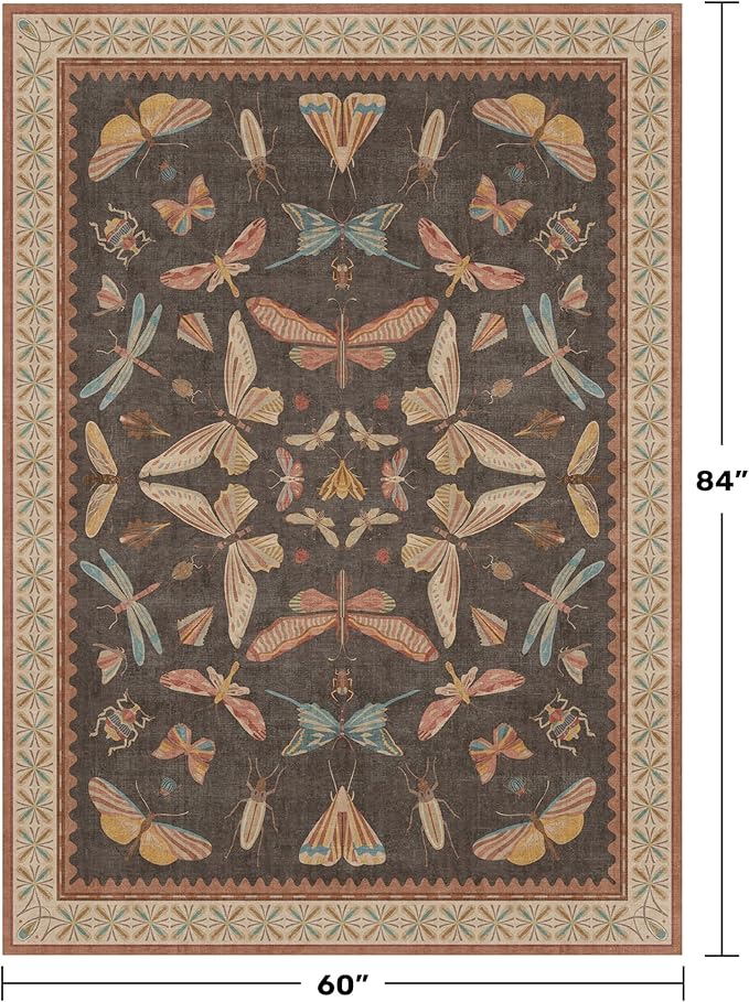 Washable Living Room Area Rug 5x7, Ultra Soft Carpet for Bedroom, Dining Room, Vintage Farmhouse Home Décor, Low Pile Non Slip Stain Resistant Rug (Brown & Orange)