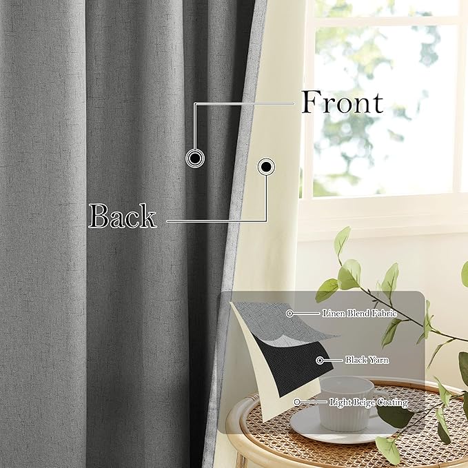RYB HOME Grey Linen Blackout Curtains for Sliding Glass Door, 100% Blackout Linen Textured Thermal Privacy Modern Drape Panels for Dining Room Large Window, 52" W x 96" L, 2 Panels Set