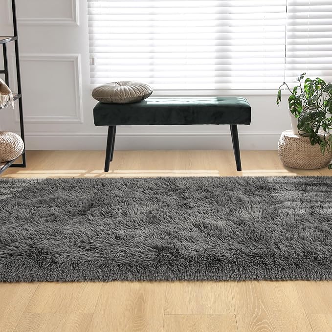 Tepook Fluffy Runner Rugs for Bedroom Aesthetic 2x6 Feet, Shag Soft Bedside Rug with Non-Slip Bottom, Fuzzy Plush Carpet for Room, Hallway Rug for Nursery Dorm Indoor Home Decor, Dark Grey
