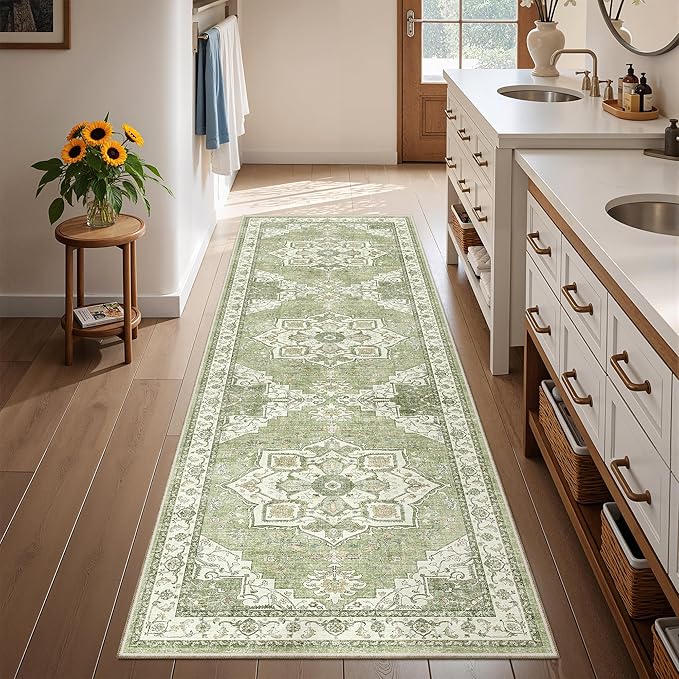 Runner Rug 2x6, Non Slip Washable Rugs for Laundry Room, Runners for Hallways, Low Pile Vintage Soft Rugs for Living Room, Kitchen Bathroom,Bedroom Rug(Light Green,2'x6')