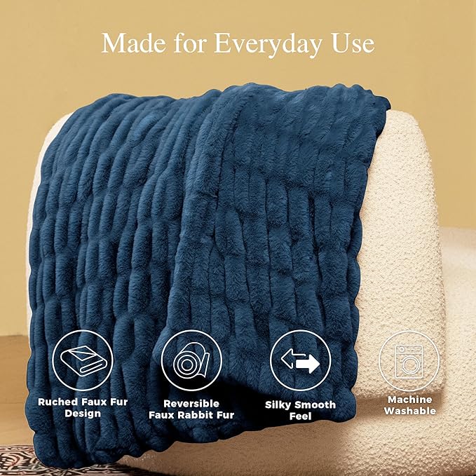 Ultra Soft Cozy Faux Fur Throw Blanket, Fuzzy Plush Thick Bubble Blanket, Oversize Luxury Fluffy Blanket for Couch, Sofa, Bedroom, and Living Room,50x60 Inches,Double Sided Blue