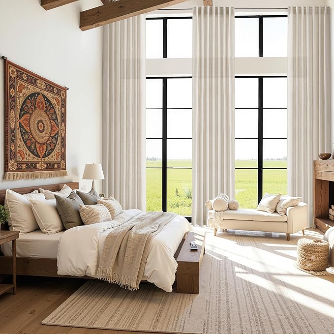 Boho Linen Curtains for Living Room 126 Inches Long Light Filtering Semi Sheer Curtain Back Tab Boho Eclectic Home Decor Farmhouse Drapes Floor to Ceiling High Window for Bedroom 52x126, 2 Panels