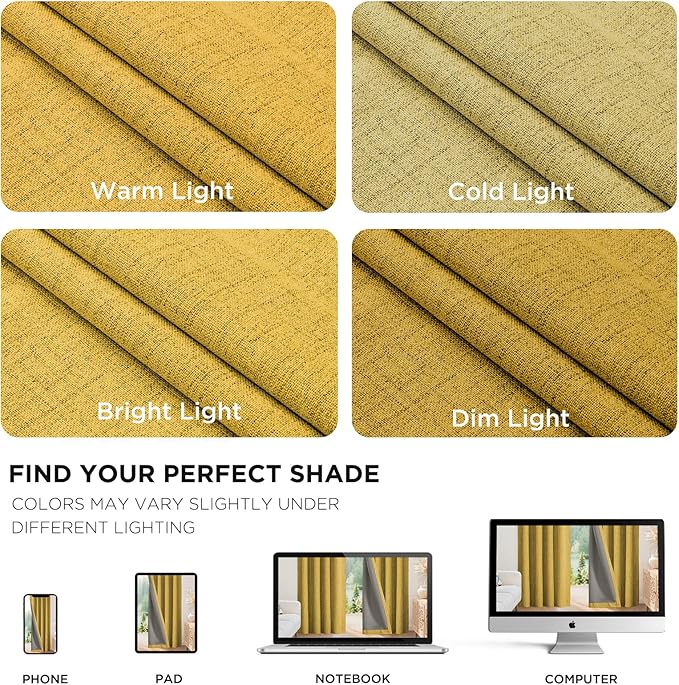 Joydeco Blackout Curtains for Bedroom - 100% Light Blocking 2 Panels Set Yellow Drapes 37" W x 63" L, Thermal Insulated Room Darkening Curtains, Linen Textured for Living Room, Rod Pocket & Back Tabs