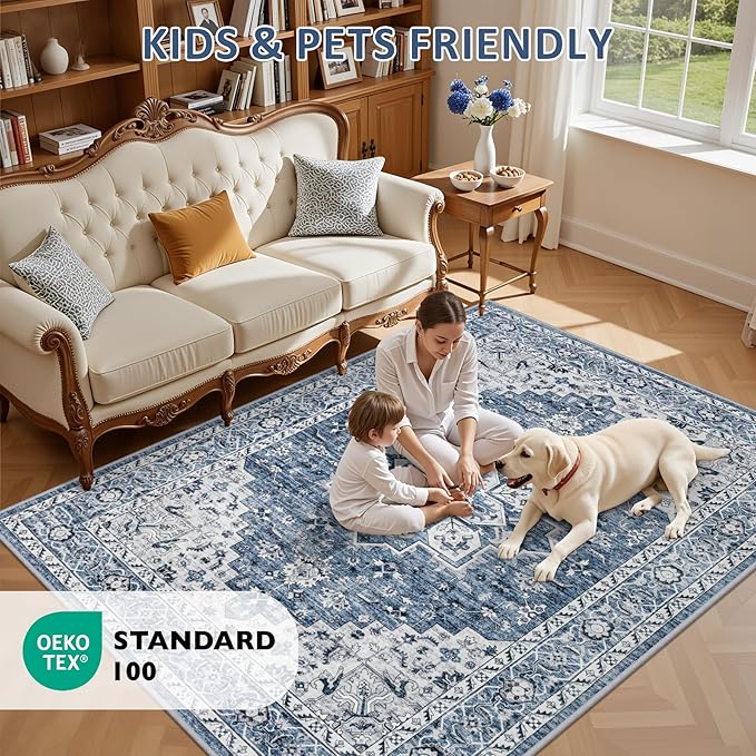 5x7 Area Rugs Living Room Rug: Washable Vintage Boho Medallion Rug No Slip Stain Resistant Soft Carpet Indoor Floor Large Carpets for Bedroom Dining Room Farmhouse Nursery Hallway Home Office Blue