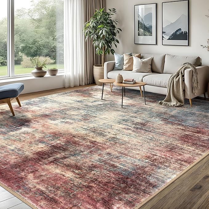 IOHOUZE Abstract Area Rugs 8x10 Ft Washable Large Rugs for Living Room, Non Slip Dining Room Rug, Printed Faux Wool Rugs for Bedroom, Floor Carpet for Office Nursery Playroom, Red/Multi