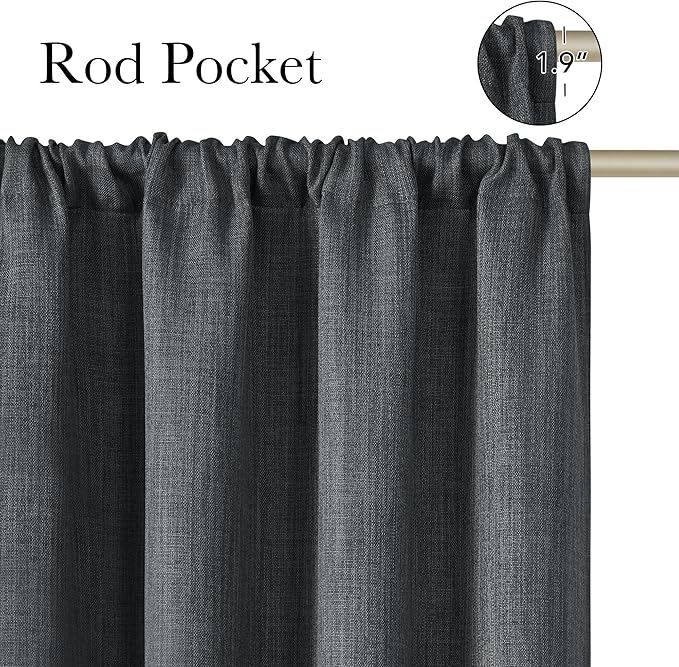 NICETOWN Charcoal Gray Faux Linen Room Darkening Rod Pocket Curtains 63 inch Length, W42 x L63, Light Blocking Thermal Insulated Noise Reducing Drapes for Bedroom Living Room Farmhouse Decor, 2 Panels