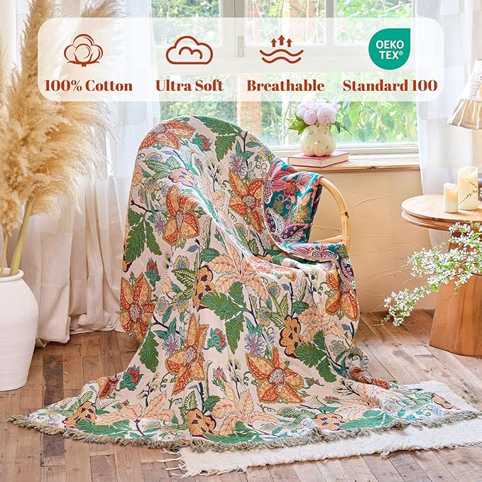MSGKV Boho Throw Blanket for Couch Chair 100% Cotton Embroidery Floral Blanket 50"x60" Sofa Blankets for All Seasons Lightweight Farmhouse Muslin Spring Breathable Bed Blankets Home Decor