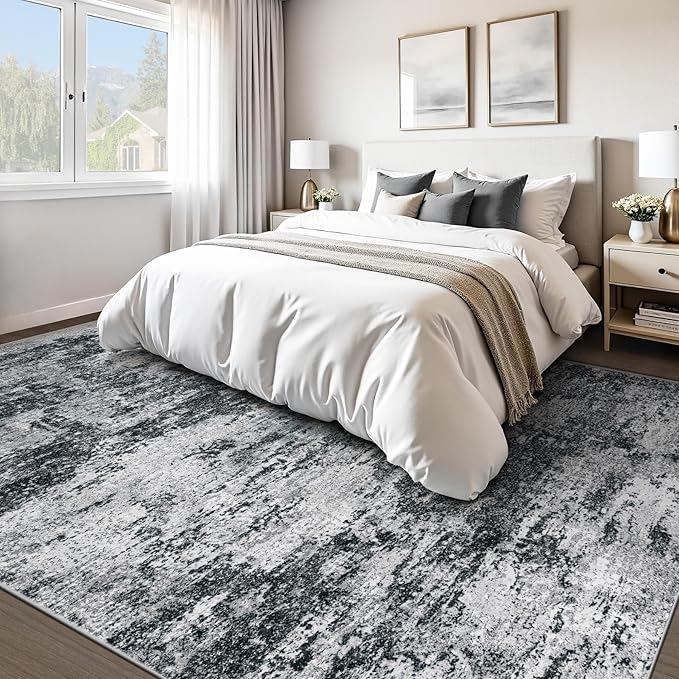 Area Rugs 10x14 Living Room: Washable Rug Modern Abstract Neutral Soft Non-Slip Low-Pile Indoor Large Carpet for Bedroom Dining Room Playroom Home Office (Black Grey, 10'x14')