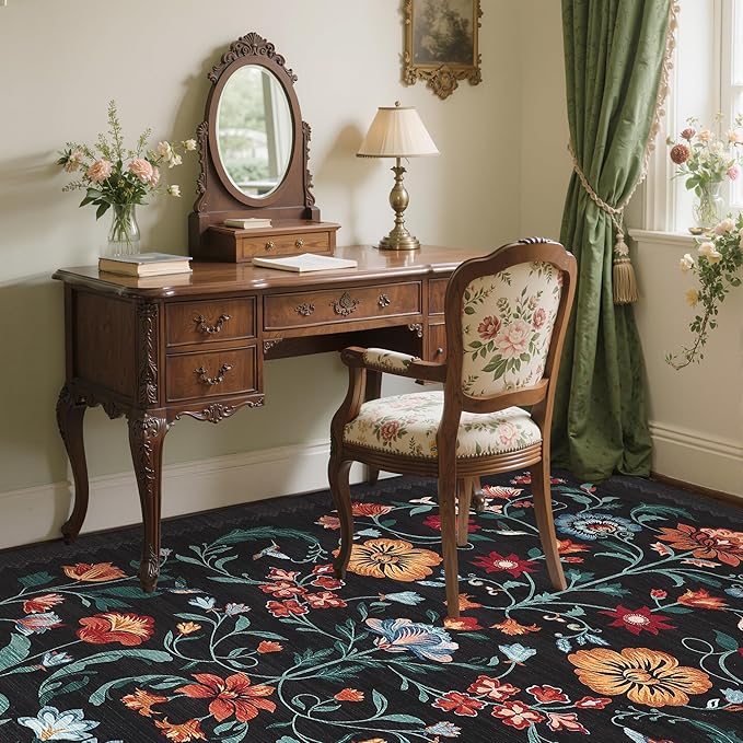 GarveeHome Washable Rug 4x6 Area Rugs for Living Room, Floral Rug for Bedroom, Soft Boho Non Slip Throw Rugs with Rubber Back, Low Pile Stain Resistant Vintage Floral Carpet for Dining Room, Black