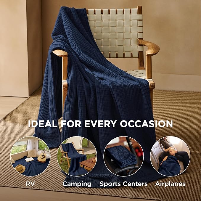 Bedsure 100% Cotton Muslin Blankets for Adults Large Throw 50x70 Inches - 4-Layer Breathable and Lightweight, Soft Boho Gauze Muslin Cotton Blanket for Couch Decor Travel Summer, Navy Blue