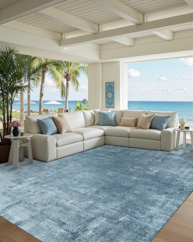 Latte&Fog 6x9 Area Rugs for Living Room Bedroom, Blue Modern Abstract Neutral Washable Rug, Boho Non Slip Low Pile Carpet for Dining Room, Dorm, Classroom, College Dorm, Farmhouse and Kids Room - Blue