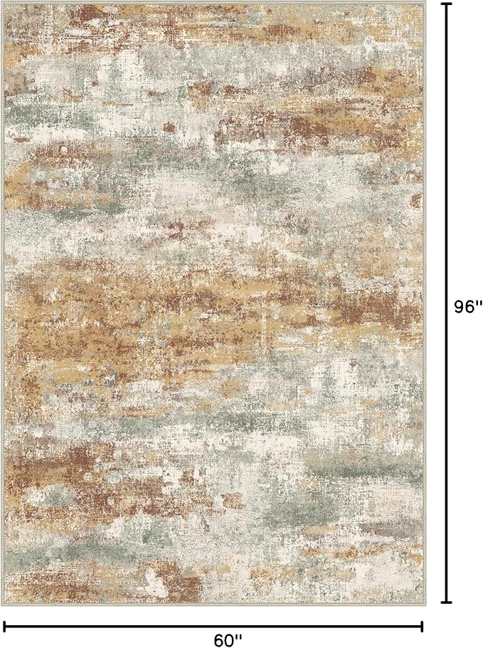 Area Rugs 5x8 for Living Room Bedroom, Modern Abstract Machine Washable Rug, Large Soft Low Pile Floor Carpet with Non Slip Backing for Dining Room, Orange Green