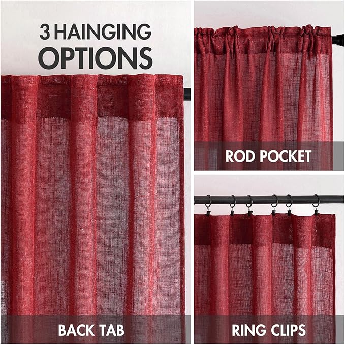 MIULEE Burgundy Red Kitchen Curtains 24 Inch Length 2 Panels, Soft Thick Linen Textured Semi Sheer Light Filtering Short Cafe Tier Curtains for Small Half Window Back Tab Rod Pocket Christmas Decor