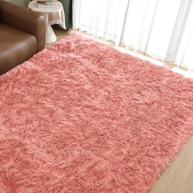 Goolela Pink Area Rug 9x12 Fluffy Fuzzy Furry Rug for Girls Bedroom Faux Sheepskin Fur Shaggy Soft Luxury Rectangle