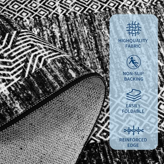 GarveeHome Washable Runner Rug 2x6 Modern Hallway Rug Non Slip Entryway Runner, Geometric Bordered Printed Carpets, Low Pile Thin Foldable Floor Mats, Soft Non Shedding for Kitchen Laundry, Black