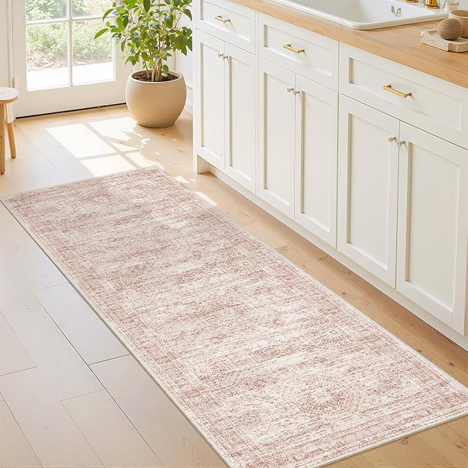 Washable Runner Rugs for Bedroom - 2x6 Runner Rug Non Slip, Ultra-Thin Entryway Runner, Soft Abstract Kitchen Runner for Hallway, Laundry, Bathroom, Indoor Door Mat(2'x6', Pink/Ivory)