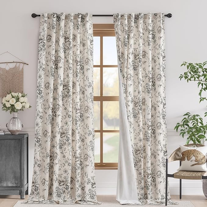 jinchan Blackout Floral Curtains for Living Room Bedroom Linen Blend Curtain Farmhouse Black Printed with Lined Back Tab Rod Pocket Drapes Window Treatments 2 Panels 120 Inch