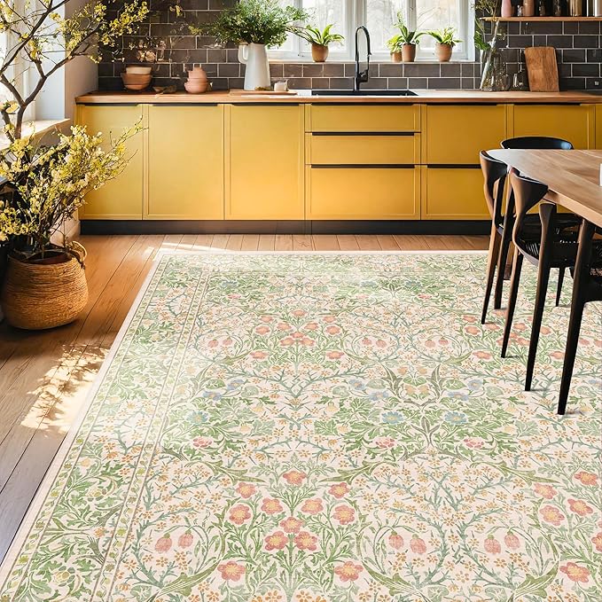 Cream Green Washable 8x10 Area Rugs for Living Room, Bedroom, Dining Room Under Table, Playroom, Stain Resistant Non-Slip Light Green Carpet with Pale Yellow and Pink Blossoms and Blue Flowers