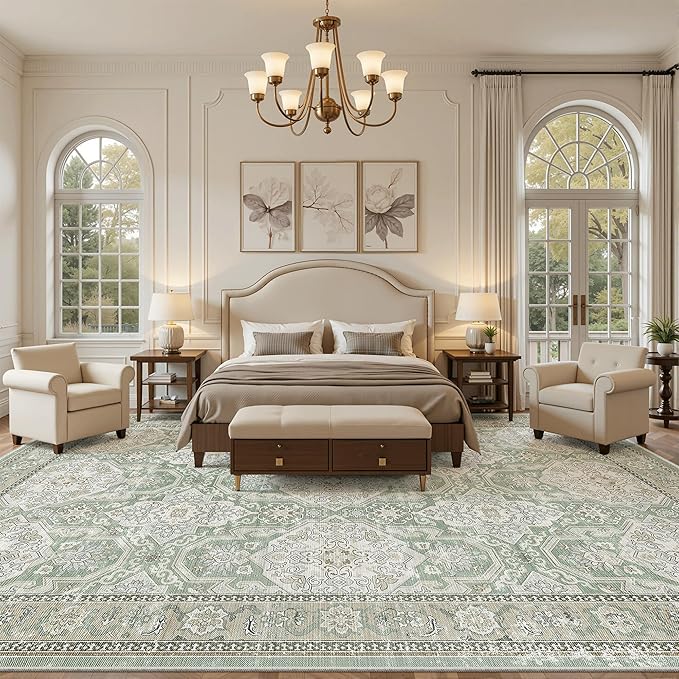 10x14 Area Rugs for Living Room, Non Slip Machine Washable Vintage Rugs, Low Pile Lightweight Large Rug for Bedroom, Dining Room, Home Office Green/Brown