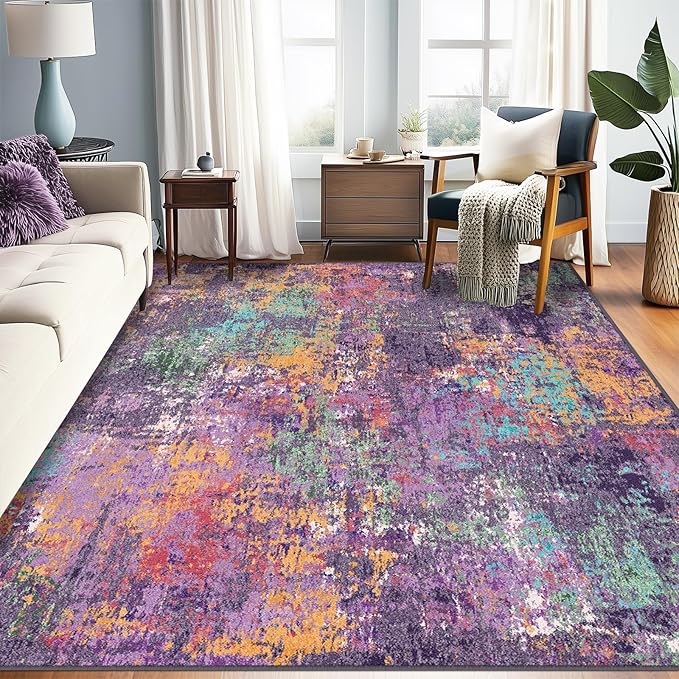 Washable Area Rugs 9'x12' Non-Slip Modern Abstract Soft for Living Room Entryway Bedroom Nursery, Print Pattern, Purple Orange Blue Green Rust Red Colorful