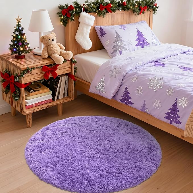 OLANLY Purple Round Rugs for Bedroom - Machine Washable, 3 ft Circle Area Rugs for Living Room, Soft and Fluffy Shaggy Carpet for Teen Girls and Boys, Nursery Rooms, Dorms, Home Decor Aesthetic