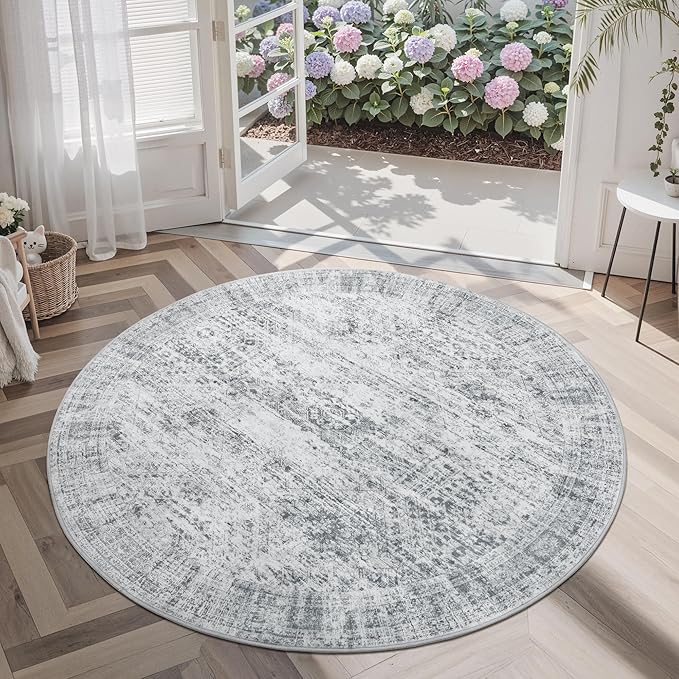 Soalmost 5x5 Grey Round Rug 5ft Living Room Circle Rug Vintage Gray Round Area Rug Non Slip Indoor Carpet for Entryway Dining Room Bedroom