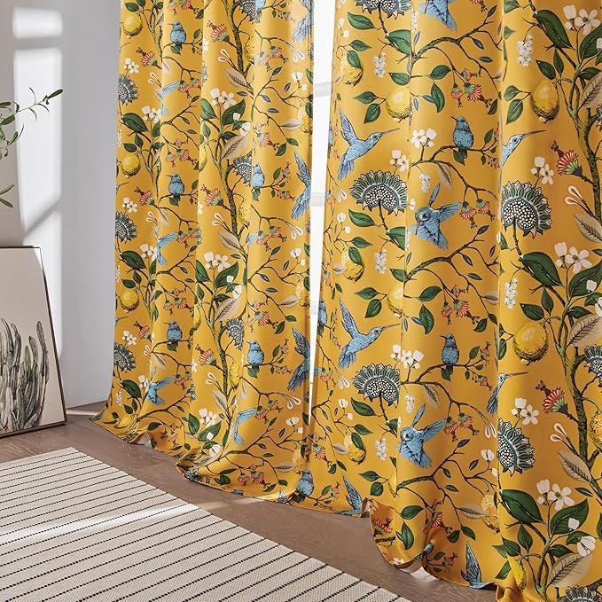 Topfinel Mustard Yellow Vintage Curtains & Drapes 84 Inches Long, Grommet Luxury Whimsical Floral Lemon Hummingbird Patterned Waverly Mid Century Colorful Blackout Drapes for Living Room Bedroom