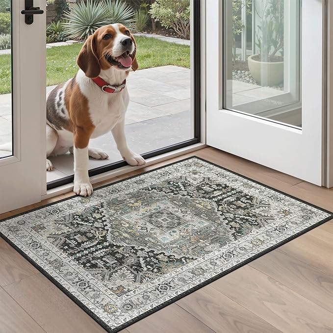 Madane Washable Area Rug 2x3, Small Entryway Rug Non-Slip Vintage Door Mat Indoor Entrance, Low Pile Floor Carpet for Inside Front Door Kitchen Entry (2'x3', Grey Green/Black Olive)