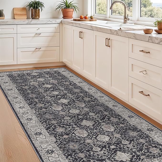 Washable 3x7 Entryway Runner Rug: Farmhouse Wide Kitchen Rug Soft Water Resistant Floor Mat for Bathroom Bedroom Nursery Non-Slip Indoor Carpet for Living Room Dining Room Hallway(3x7,Black)