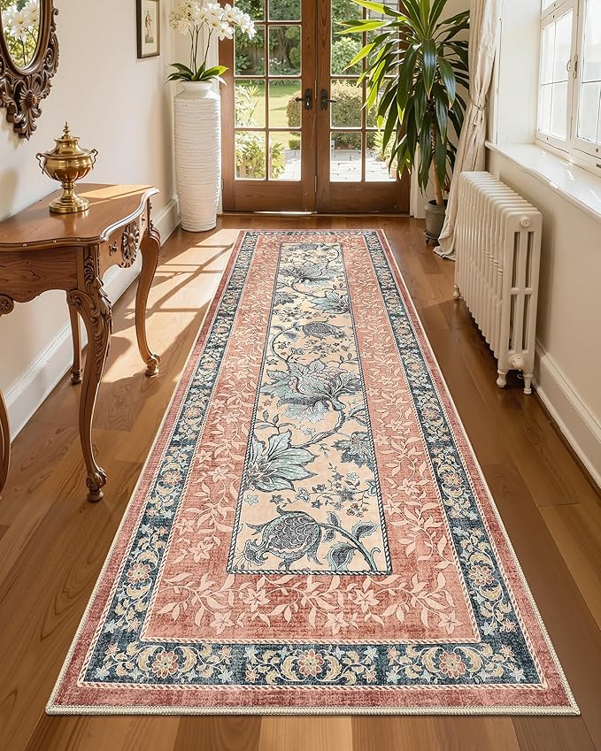 GarveeHome Terracotta Teal Area Rugs 9x12 Living Room, Botanical Grove Cottage core Washable Non-Slip Rug for Bedroom Dining Nursery Low-Pile Vintage Large Soft Carpet