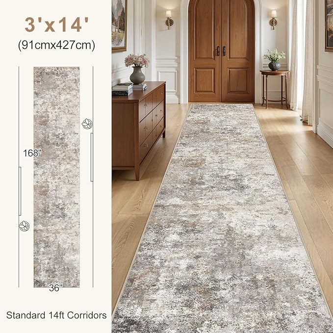 UERMEI 3X14 Washable Runner Rug for Hallway: Soft Neutral Modern Abstract Area Rug - Non-Slip Low Pile Long Throw Indoor Carpet for Kitchen Entryway Kitchen Bedroom Laundry - Brown Grey