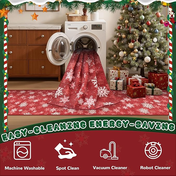2x3 Christmas Doormat for Entryway, Washable Christmas Rugs Bathroom，Snowflake Front Porch Runner Rug，Non-Slip Red and White Christmas Decor Indoor(2'x3', Red/White)