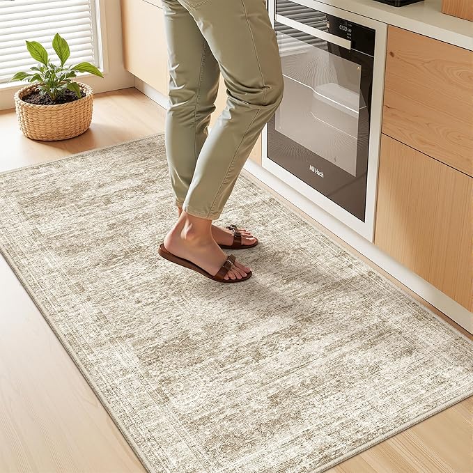 2x4 Washable Rug Runner for Bathroom, Soft Entryway Rug for Laundry Room, Kitchen, Vintage Abstract Hallway Runner for Bedroom, Anti-Slip Door Mat Indoor Entrance(2'x4', Brown/Ivory)