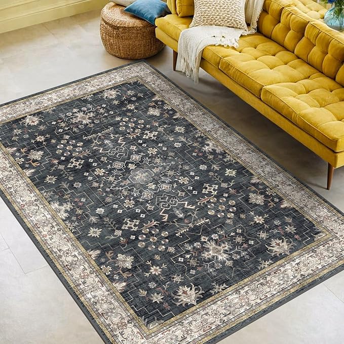 Black Modern Farmhouse 5x8 Area Rug for Living Room, Boho Large Entryway Rug, Dark Floor Carpet for Kitchen Under Small Dining Table, Bedroom - Washable Low Pile Waterproof Non Slip & Stain Resistance