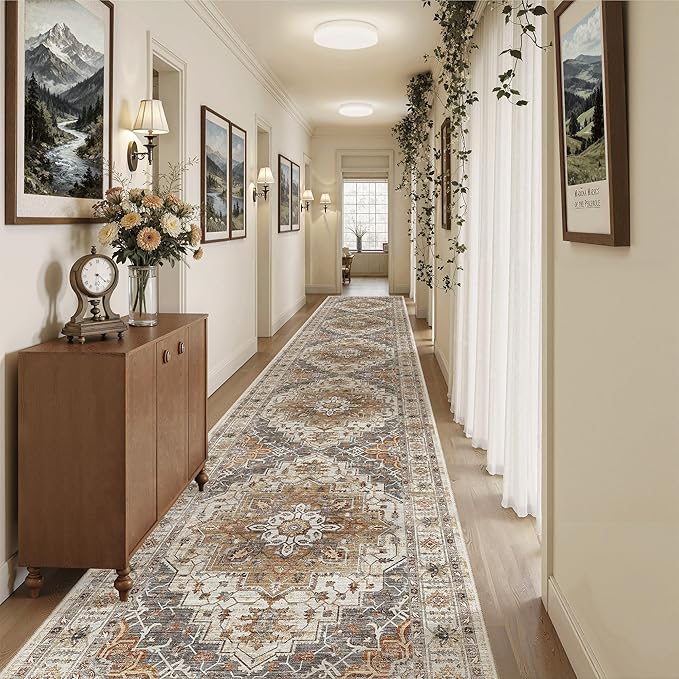 Madane Hallway Runner Rug 3x18 - Kitchen Rugs 18ft Washable Entryway Rug Vintage Kitchen Runners Non Slip Indoor Area Rug Farmhouse Carpet Runner for Bathroom Living Room Bedroom, Turmeric/Grey