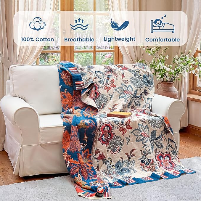 MSGKV Boho Throw Blanket 50"x60" 100% Cotton Floral Blanket for Couch Sofa Spring Breathable Lightweight Blankets All Seasons Home Decor Muslin