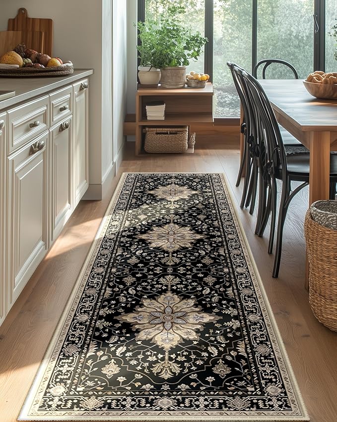 RELEANY Area Rugs 2'x6' Runner Rug Non Slip Washable for Kitchen Hallway Bedroom Beside Laundry Room Bathroom Rug, Floor Carpet, Black Brown Neutral Dark Tan