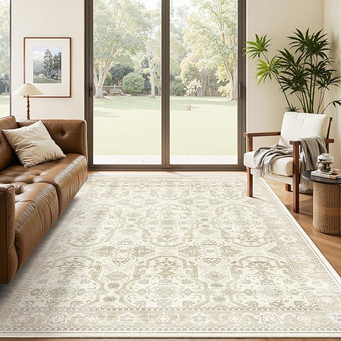 Area Rug 6x9, Washable Rugs, Stain Resistant Gray Area Rugs for Living Room Bedroom Dining Room, Vintage Farmhouse Rug Beige