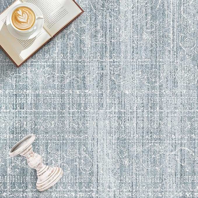 8x10 Area Rugs Living Room: Washable Large Neutral Soft Rug Farmhouse Stain Resistant Indoor Non-Slip Floor Carpet for Bedroom Nursery Kids Playroom Office Dining Room Dorm- Blue
