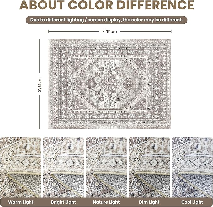 zesthome 2x3 Entryway Rug, Soft Washable Rugs, Non Slip Area Rug, Stain Resistant Low Pile Rugs for Bedroom, Vintage Rug for Door Mat, Kitchen (Brown/Beige,2'x3')
