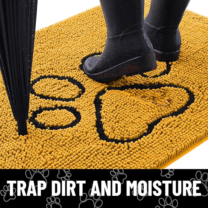 Smiry Dog Door Mat for Muddy Paws, Absorbent Dirt Trapper Non Slip Quick Dry Washable Chenille Mat for Mud Dogs, Entry Rug for Indoor and Outdoor (30x20 Inches, Golden Yellow and Black)