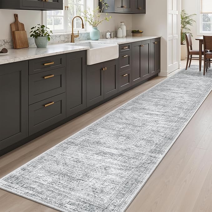 Runner Rug 2x10 Washable Non-Slip Hallway Runner Rugs for Kitchen Bathroom Laundry Room Grey Vintage Floor Carpet Runners for Hallways Entryway