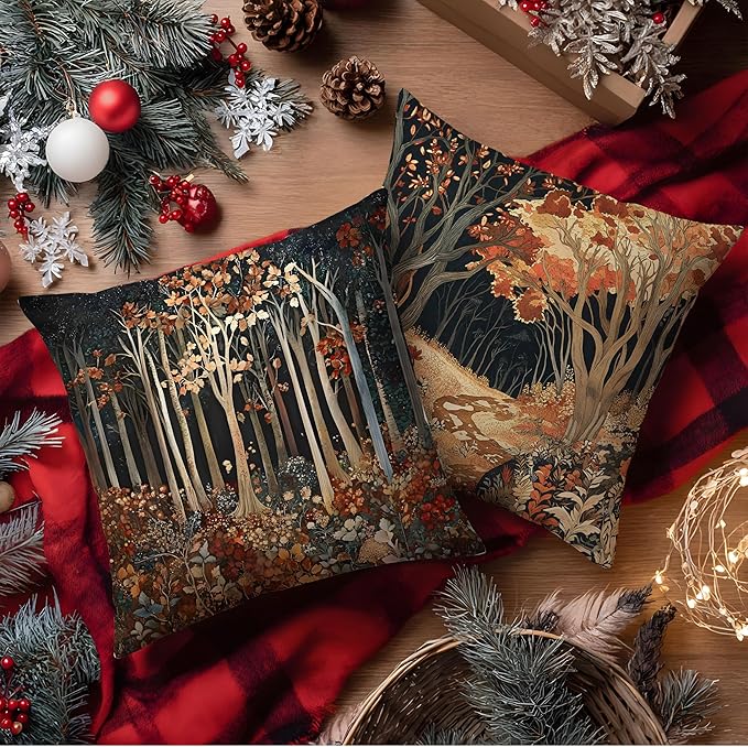 Rustic William Morris Inspired Autumn Forest Decor Throw Pillow Covers 18x18 Set of 2,Vintage Botanical Nature Decorative Throw Pillow Covers for Home Bedroom Living Room