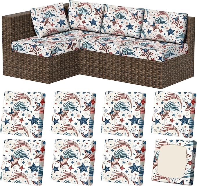 8Pcs Stretch Patio Cushion Covers, Outdoor Couch & Sofa Replacement Slipcovers for Patio Furniture Cushion Covers, Washable Reusable Furniture Protector