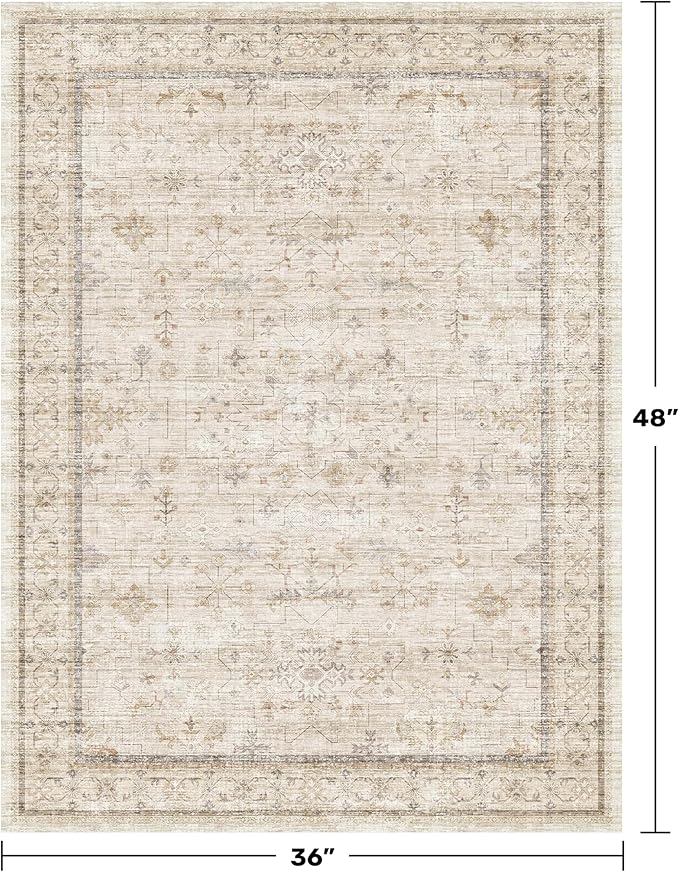 Vintage 3x4 Beige Indoor Rugs for Entryway - Geometric Pattern Washable Non Slip Rug for Kitchen, Bedroom, Laundry Room, Bathroom, Modern Farmhouse Home Décor, Low Pile & Soft Floral Carpet