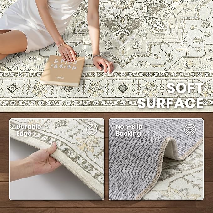 zesthome 5x7 Area Rugs, Machine Washable Rugs for Living Room, Bedroom,Stain Resistant Vintage Large Area Rug,Non-Slip Medallion Pattern Home Decor Rugs (Beige,5'x7')