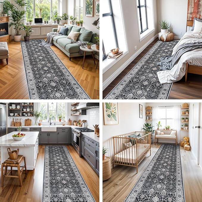 Hallway Washable Runner Rug - 3x10 Kitchen Rugs Entryway Rug Runner Vintage Soft Floor Mat Non Slip Indoor Farmhouse Carpet for Bathroom Living Room Bedroom (3 X 10, Black)